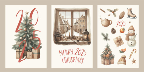 Merry Christmas and happy new year watercolor posters. Cozy Christmas interior and winter countryside landscape.