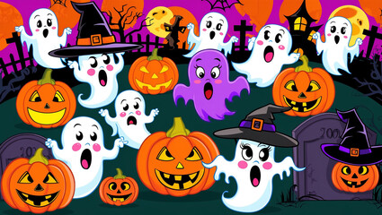 A fun and spooky Halloween scene filled with happy ghosts, glowing jack-o-lanterns, cute purple owls, and witch hats.