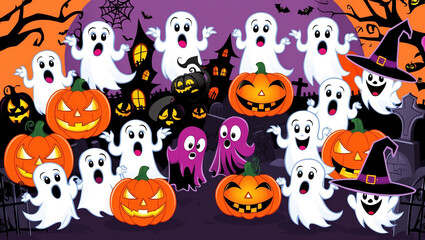 A fun and spooky Halloween scene filled with happy ghosts, glowing jack-o-lanterns, cute purple owls, and witch hats.