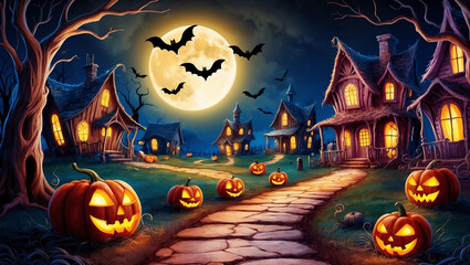 Fototapeta premium A spooky Halloween night in a haunted village illuminated by glowing jack-o-lanterns along a cobblestone path.