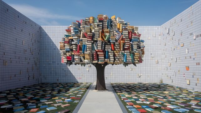 A photo of an apple tree with the branches replaced by books. International literacy day concept, Literacy, education, knowledge concept.