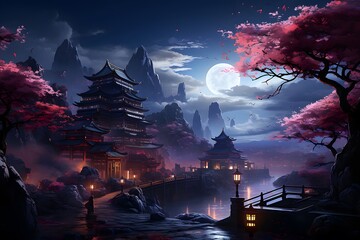Fantasy Japanese night view city citycape, pink cherry sakura tree.