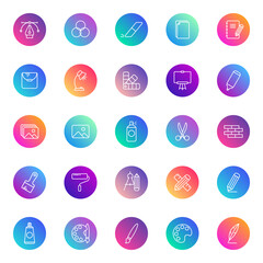 Art tools line vector icons on color gradient rounds isolated on white background. Art tools outline icon set for web and ui design
