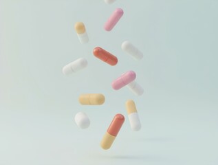 A group of antibiotic pill capsules falling. Healthcare and medical 3D illustration background. healthcare pills pharmaceutical treatment for medication industry, supplement of medicine for heal