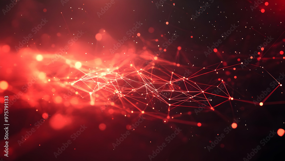 Poster abstract red background with glowing lines and dots, representing technology and connection in a dig