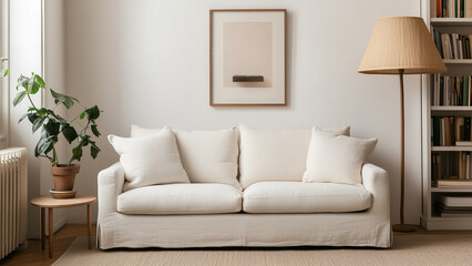 Fototapeta premium Urban Comfort: Manhattan Living Room with Soft Tones and Natural Light