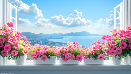 A vibrant view from a window adorned with pink flowers, overlooking a beautiful landscape and serene ocean.