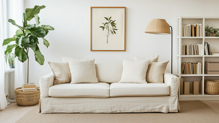 Fototapeta premium Urban Comfort: Manhattan Living Room with Soft Tones and Natural Light