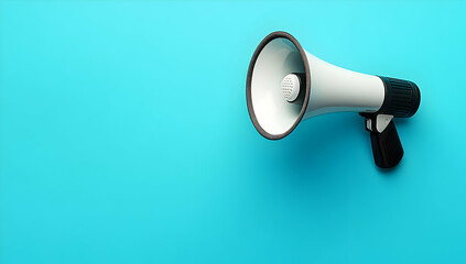 A stylish megaphone on a vibrant blue background, perfect for communication, announcements, or promotions in various settings.