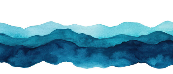 Abstract blue watercolor mountain layers in varying shades of blue and teal, creating a calming and serene landscape effect. Isolated on transparent background, png.
