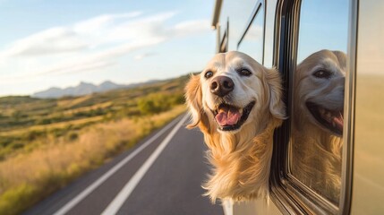 A dog with its head out of the motorhome window, ears flapping in the wind as the open road stretches ahead.