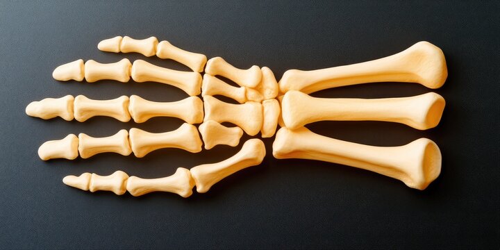Anatomical replica of a human hand skeleton on a dark surface, showcasing intricate bone structure and detailing in a hhttps://s.mj.run/aTSzdueRfmc --v 6.1 Job ID: 183cf1f6-e63d-40b9-9a3f-2a6f5483dea0