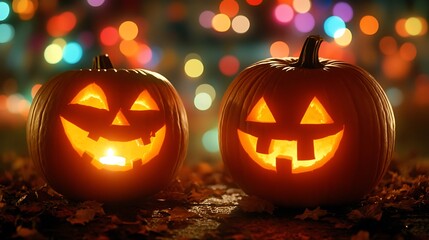 Fototapeta premium Festive Halloween Pumpkins Illuminated with Colorful Lights and Autumn Leaves