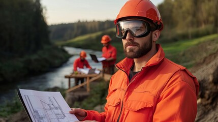 Engineer in helmet and safety goggles