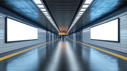 Fototapeta premium urban subway station platform with empty advertisement space emphasizing modern design and the potential for future commercial use in a city transit setting