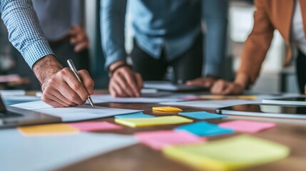Obraz premium office collaboration and teamwork during a meeting with sticky notes illustrating brainstorming sessions, project management, and strategic planning