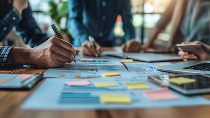 Fototapeta premium detailed image of a business meeting featuring sticky notes on a board highlighting teamwork, collaboration, and effective planning in a professional workspace