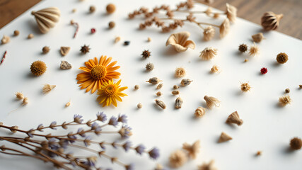 Fototapeta premium Dry flowers of various type on a white background. AI generated image, ai