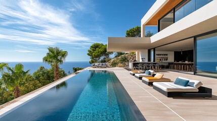 Fototapeta premium A luxurious patio deck with an infinity pool, outdoor bar, and sun loungers facing the horizon.