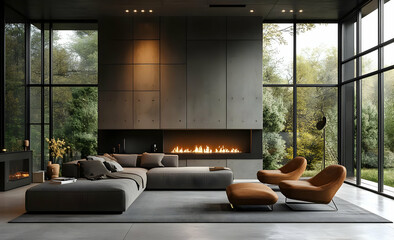 Modern living room featuring a cozy seating area, sleek design, and large windows that invite natural light.