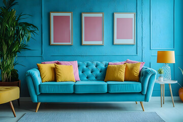 Bright and modern living room featuring a stylish blue sofa, colorful pillows, and vibrant decor, perfect for contemporary design.