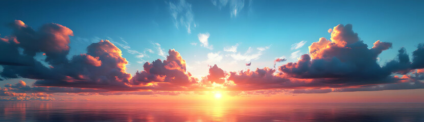 Naklejka premium Stunning sunset over calm ocean waters, showcasing vibrant colors reflecting on the sky and water, creating a serene atmosphere.