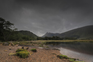 A peaceful, dreary, wet autumnal HDR image at the head of Loch Etive and Glen Etive in Argyll and Bute, Scotland.