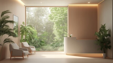 Fototapeta premium Modern Dental Office Reception Area with Large Window Overlooking Lush Greenery and Comfortable Seating