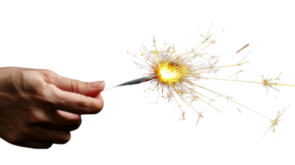 Hand holding burning Sparkler blast on transparent background