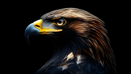 Fototapeta premium A striking close-up portrait of an eagle showcasing its fierce gaze and intricate feather details against a dark background.