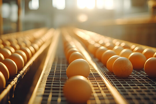 Fresh eggs on a conveyor belt in a farm, illuminated by warm sunlight, showcasing farm production in a serene environment.