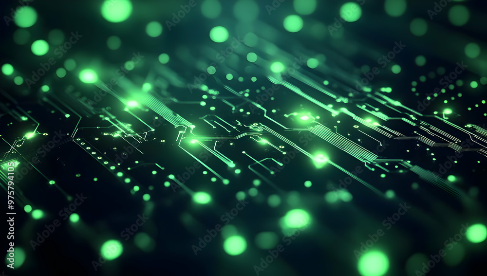 Wall mural abstract digital background with glowing green lights and circuit patterns, ideal for technology and
