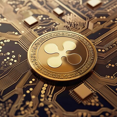 A closeup shot of a golden Ripple XRP cryptocurrency coin on a circuit board, symbolizing digital currency and blockchain technology innovation in the realms of finance and investment