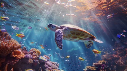 Fototapeta premium Beautiful sea turtle swimming in a colorful underwater world filled with vibrant coral and school of fish