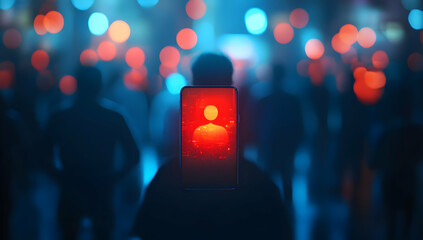 A person holding a smartphone with a glowing figure, surrounded by a crowd of blurred lights, creating a mysterious atmosphere.