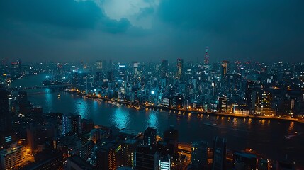 Naklejka premium Nighttime View of a City Skyline with a River and Bridges
