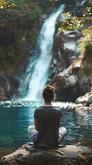 Fototapeta premium Peaceful Moment of Mindfulness by Cascading Waterfall in Lush Forest Landscape