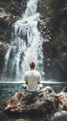 Obraz premium Individual Practicing Mindfulness by a Cascading Waterfall in a Serene Natural Landscape