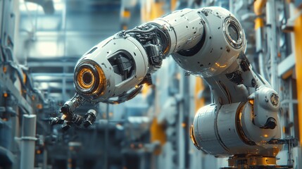 Fototapeta premium modern factory scene featuring a robotic arm with a focus on industrial automation, machinery setup, and advanced engineering
