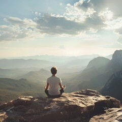 Individual Meditating on a Scenic Mountain Summit with Expansive Landscape and Serene Atmosphere