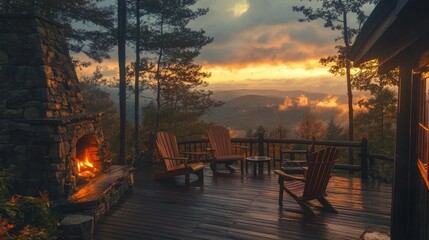 A mountain cabin deck with Adirondack chairs, a cozy fireplace, and panoramic forest views at sunrise.