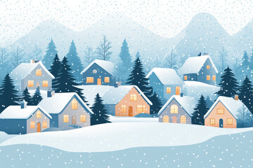 Fototapeta premium Snow is gently falling on a peaceful village nestled in a valley, creating a magical winter wonderland
