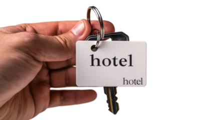 Hand holding a hotel key card on transparent background