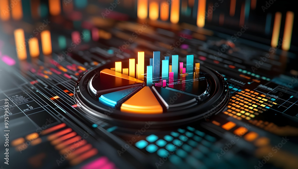 Poster vibrant data visualization graph displaying various metrics in a futuristic digital interface, perfe