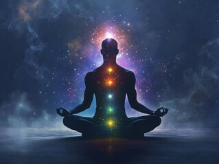 A man in yoga pose sitting in the center surrounded with universe, cosmos, chakras, prana and spirituality elements, meditation concept
