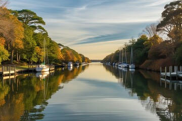 Obraz premium A serene waterway, lined with lush greenery and majestic trees, stretches into the horizon, their reflections mirrored in the calm, glass-like water.