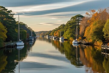 Obraz premium A serene waterway, lined with lush greenery and majestic trees, stretches into the horizon, their reflections mirrored in the calm, glass-like water.