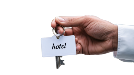 Hand holding a hotel key card on transparent background
