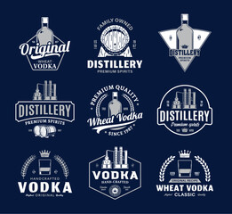 Vector vintage vodka logo isolated on a dark blue background. Distilling business branding and identity design elements