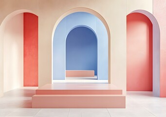 Minimalist Interior Design with Colorful Arches and Pink Platform